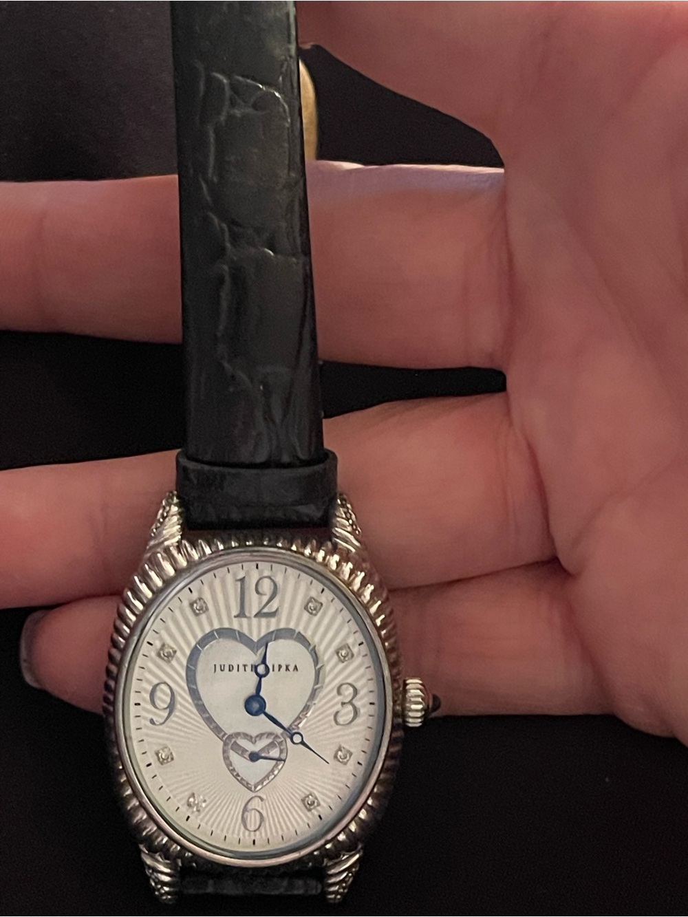Judith Ripka Silver Heart Dial Watch with Black Leather Strap - Picture 2 of 3
